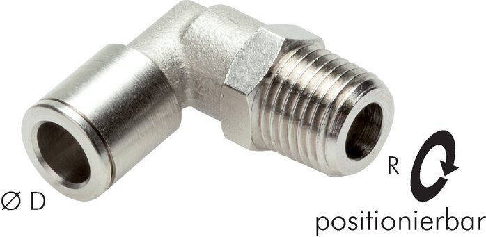 Exemplary representation: Push-in L-fitting with conical thread (positionable), nickel-plated brass
